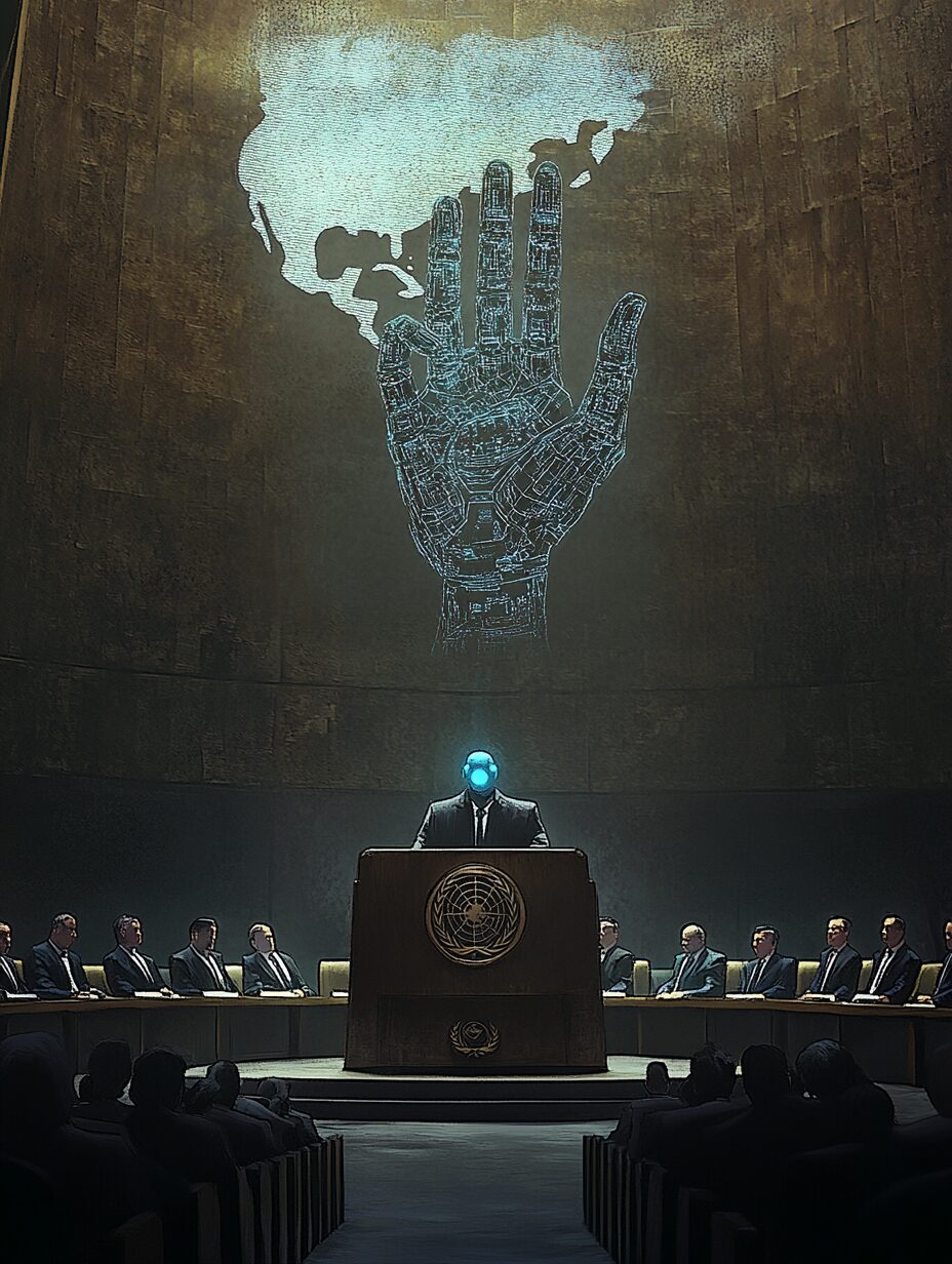 krautart_ai-warfare-human-agency-Midjourney A powerful, thought-provoking artwork illustrating the international alarm over autonomous weapons. The image features a dark United Nations assembly hall with a glowing robotic hand resting on a podium, symbolizing the quiet normalization of autonomous systems. Silhouettes of diverse delegates sit in shadow, highlighting global concern. Above them, a faint holographic map of the world hangs in the air, emphasizing the global implications. The atmosphere is tense, with muted, cold colors and a subtle interplay of light and shadow to evoke urgency and moral conflict. Portrait orientation.