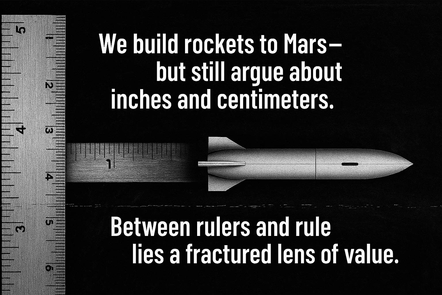 MANIFESTO-ChatGPT-Image-2.-Apr A black and white image featuring a retro rocket centered inside a cracked circular lens, surrounded by overlapping rulers measuring in both inches and centimeters. The composition evokes contradiction between precision and fragmentation. Text overlaid on the image reads:</p>
<p>“We build rockets to Mars—but still argue about inches and centimeters.<br />
AI can optimize almost anything, but we can’t agree who gets to drive the spaceship.<br />
Between rulers and rule lies a fractured lens of value.<br />
What governs us: measurement or meing?”</p>
<p>The final word “meing” appears glitched or incomplete—suggesting missing meaning.