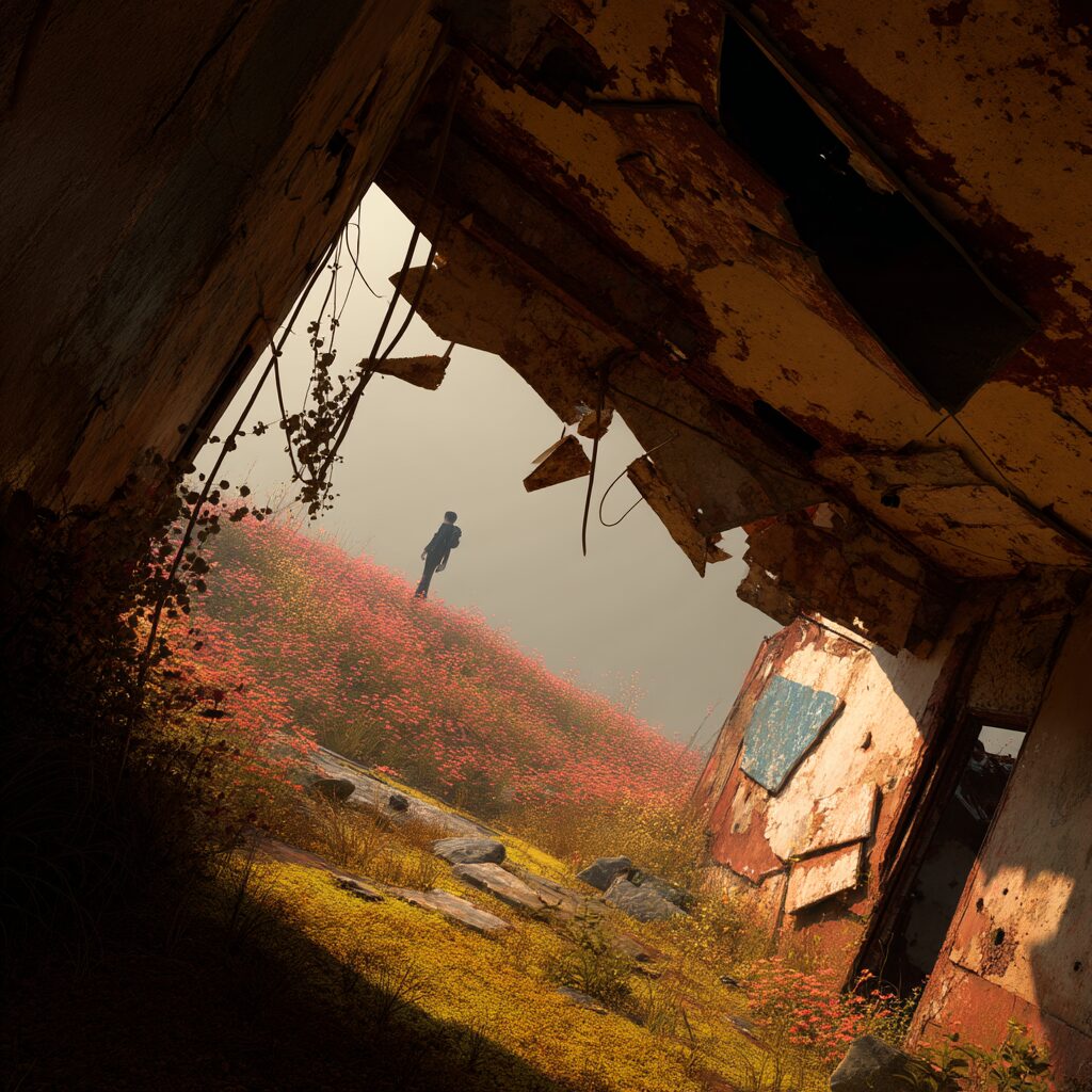 systemwandel ordnung chaos krautart_Surreal_post-systemic_landscape_remnants_of_industri_e0e085fe-8425-4343-b91a-729f75743f56_2 Surreal post-systemic landscape, remnants of industrial collapse gently reclaimed by nature fractured digital and urban ruins overgrown with luminous plants, soft fog diffusing warm light through broken structures. Symbols of automation, media, and politics lie scattered but not hostile. A distant figure observes from a hill, calm and grounded. Atmosphere of quiet transition, beauty in entropy, slight warmth in the color palette - moss green, rust red, faded gold, soft grays. Hopeful tension without denial, cinematic titlted composition