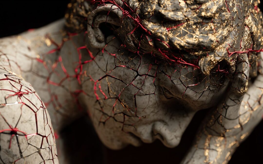 Ein digitales Kunstwerk zeigt in einer dramatischen Nahaufnahme den Kopf einer klassischen Statue, die in einer Pose der Verzweiflung oder tiefen Sorge den Kopf gesenkt hält. Die gesamte Oberfläche der Statue, die an antiken Marmor erinnert, ist von einem feinen Netz aus Rissen durchzogen. Einige dieser Risse sind mit glänzendem Gold gefüllt, was auf eine brüchige, wenn auch ästhetische Reparatur hindeutet. Andere Risse, besonders im Gesicht und am Schädel, glühen von innen heraus in einem unheilvollen Rot, als stünde die Figur unter enormem inneren Druck. Um das klassisch geformte Haar, das ebenfalls rissig und teilweise mit Blattgold bedeckt ist, windet sich dünner, roter Stacheldraht wie eine Dornenkrone. Der Hintergrund ist komplett schwarz, was die Figur isoliert und die schmerzhafte, intensive Atmosphäre verstärkt. Das Bild dient als eindringliche Metapher für eine Politik die Migration instrumentalisiert und dämonisiert.