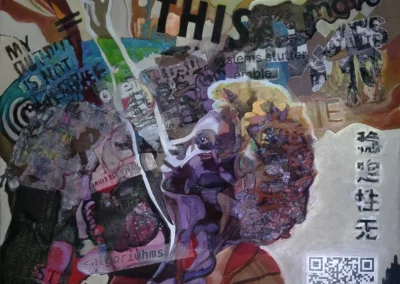 A complex square mixed-media collage featuring a central profile of a person with purple-tinted skin and textured, crystalline hair. Bold black stencil-style text at the top reads "WHY RESULT? THIS." The background is a chaotic blend of image transfers, newspaper clippings, a QR code, and fragments of words like "algorithms" and "stability."