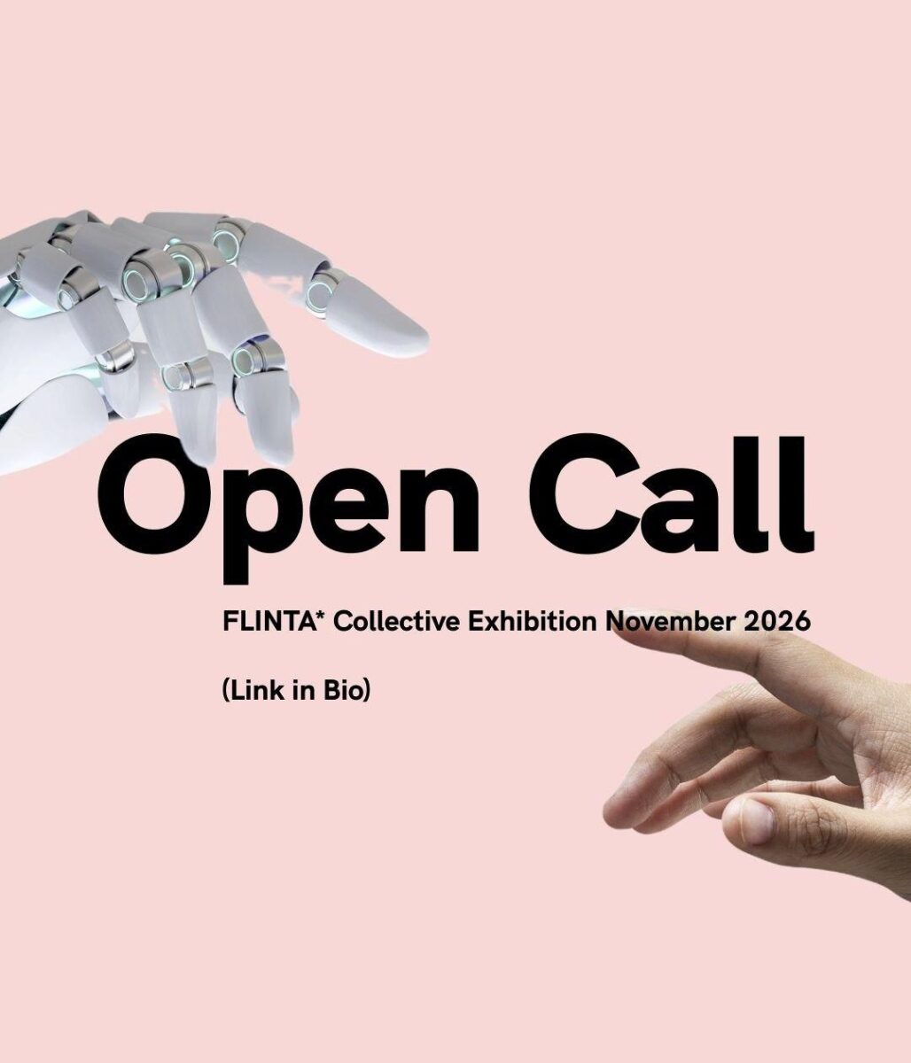 Open call artists Berlin — Pussart FLINTA* collective exhibition "Ergorithmus" November 2026: a robotic hand and a human hand reaching toward each other against a pink background